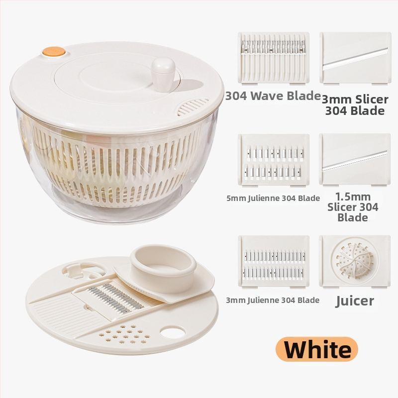 Daugiafunkcinis daržovių pjaustytuvas su rankiniu besisukančiu nusausinimo krepšeliu, PET/ABS medžiaga, logotipo spausdinimas įmanomas, pradėta 2024 m.