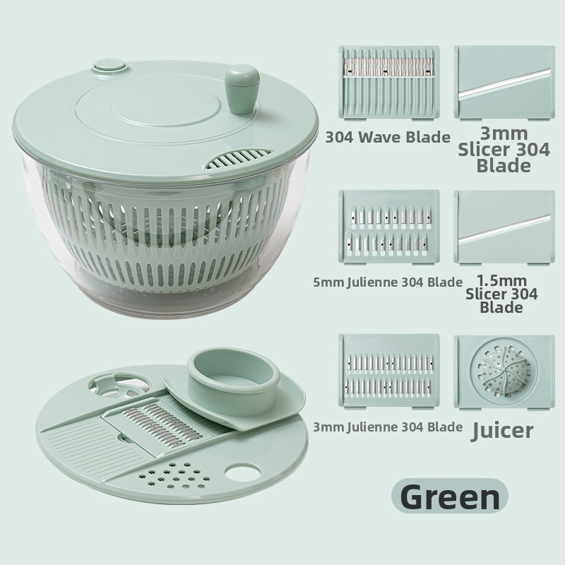 Daugiafunkcinis daržovių pjaustytuvas su rankiniu besisukančiu nusausinimo krepšeliu, PET/ABS medžiaga, logotipo spausdinimas įmanomas, pradėta 2024 m.