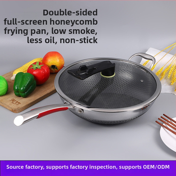 Wok iš 316 nerūdijančio plieno su medaus lizdo raštu, neprilimpanči paviršiai, daugiasluoksnis dugnas ir stiklinis dangtelis iš nerūdijančio plieno