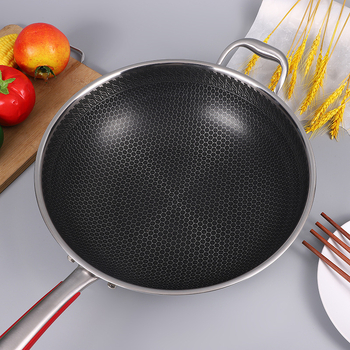 316-os rozsdamentes acél wok, felület méhsejt mintázatú és tapadásmentes, több rétegű alj és üveggel ellátott fedél