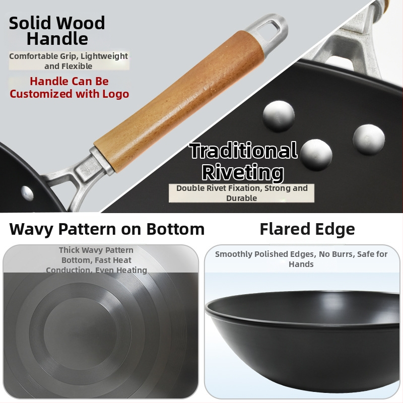 Wok iš ketaus be dengimo, tinkamas dujinėms viryklėms, lengvas, 1,3 kg, vienos pagrindo dizainas