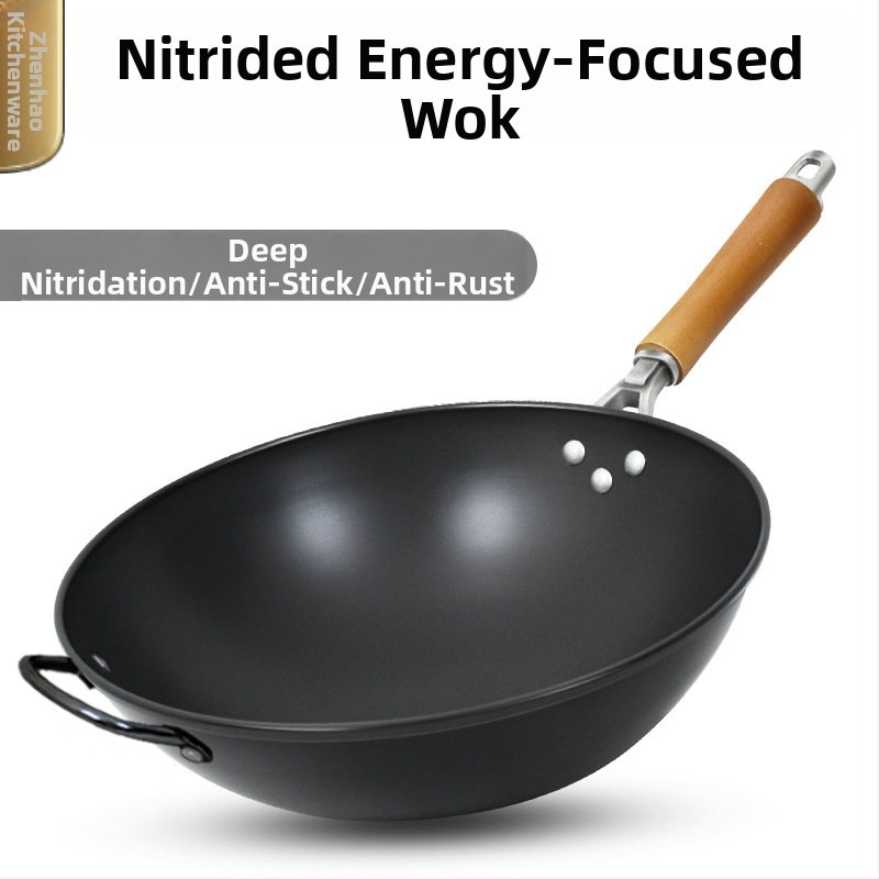 Wok iš ketaus be dengimo, tinkamas dujinėms viryklėms, lengvas, 1,3 kg, vienos pagrindo dizainas