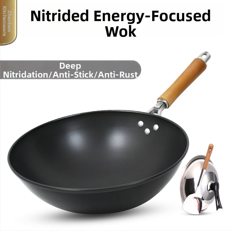 Wok iš ketaus be dengimo, tinkamas dujinėms viryklėms, lengvas, 1,3 kg, vienos pagrindo dizainas