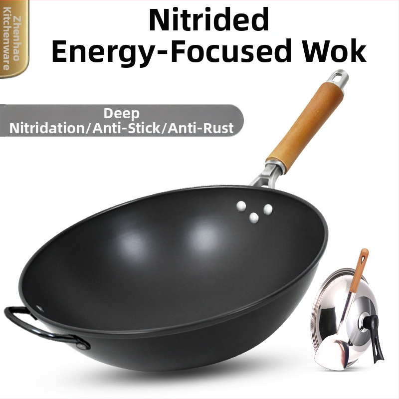 Wok iš ketaus be dengimo, tinkamas dujinėms viryklėms, lengvas, 1,3 kg, vienos pagrindo dizainas