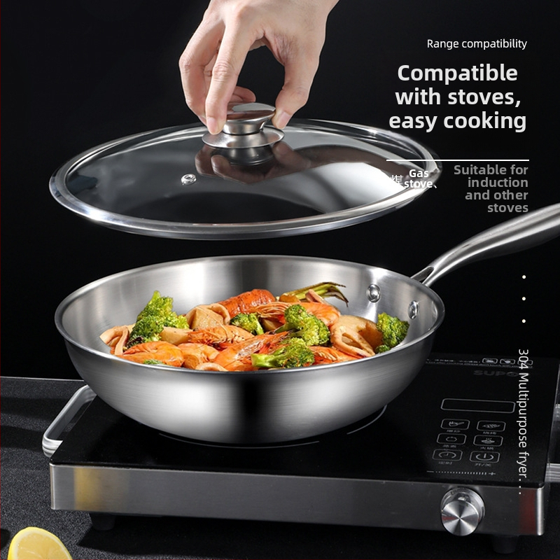 Wokas su trijų sluoksnių dugnu iš 304 nerūdijančio plieno, stiklinis dangtelis, 9 cm gylio, suderinamas su indukcine plokštele ir dujinė plokštele