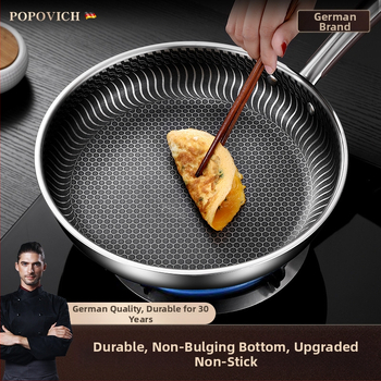 Be dangų 316L nerūdijančio plieno keptuvė su daugiapakopiu dugnu, suderinama su indukcinėmis ir dujinėmis viryklėmis, dangtelis iš nerūdijančio plieno su stiklu