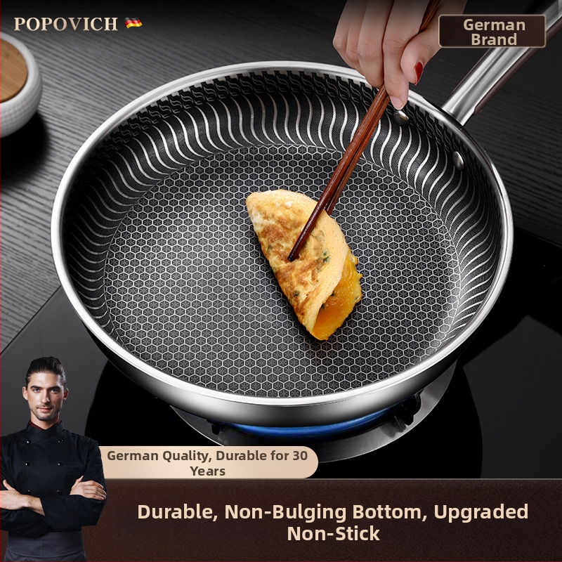 Be dangų 316L nerūdijančio plieno keptuvė su daugiapakopiu dugnu, suderinama su indukcinėmis ir dujinėmis viryklėmis, dangtelis iš nerūdijančio plieno su stiklu