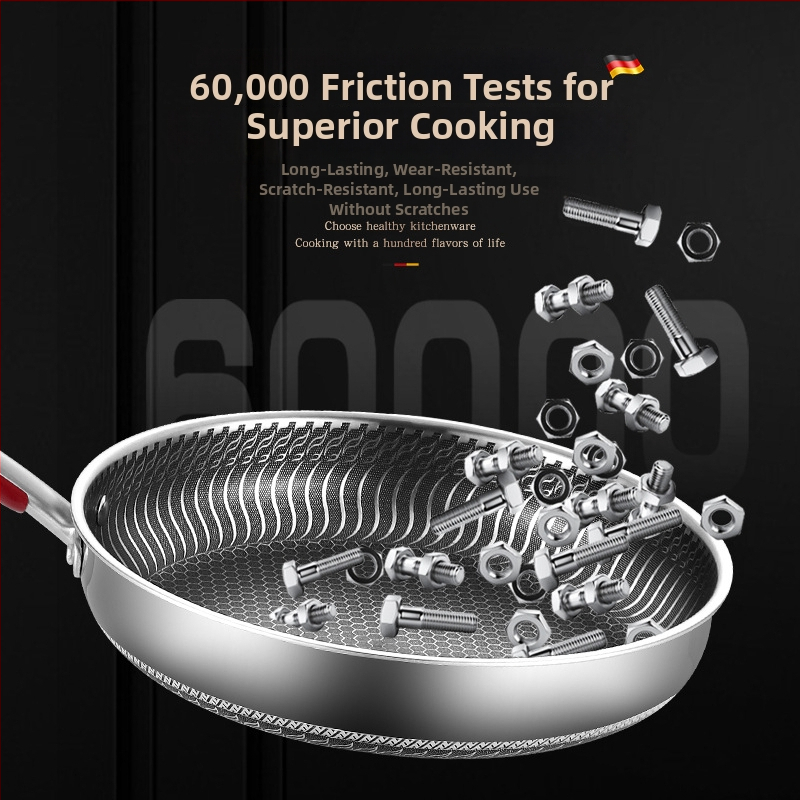 Be dangų 316L nerūdijančio plieno keptuvė su daugiapakopiu dugnu, suderinama su indukcinėmis ir dujinėmis viryklėmis, dangtelis iš nerūdijančio plieno su stiklu