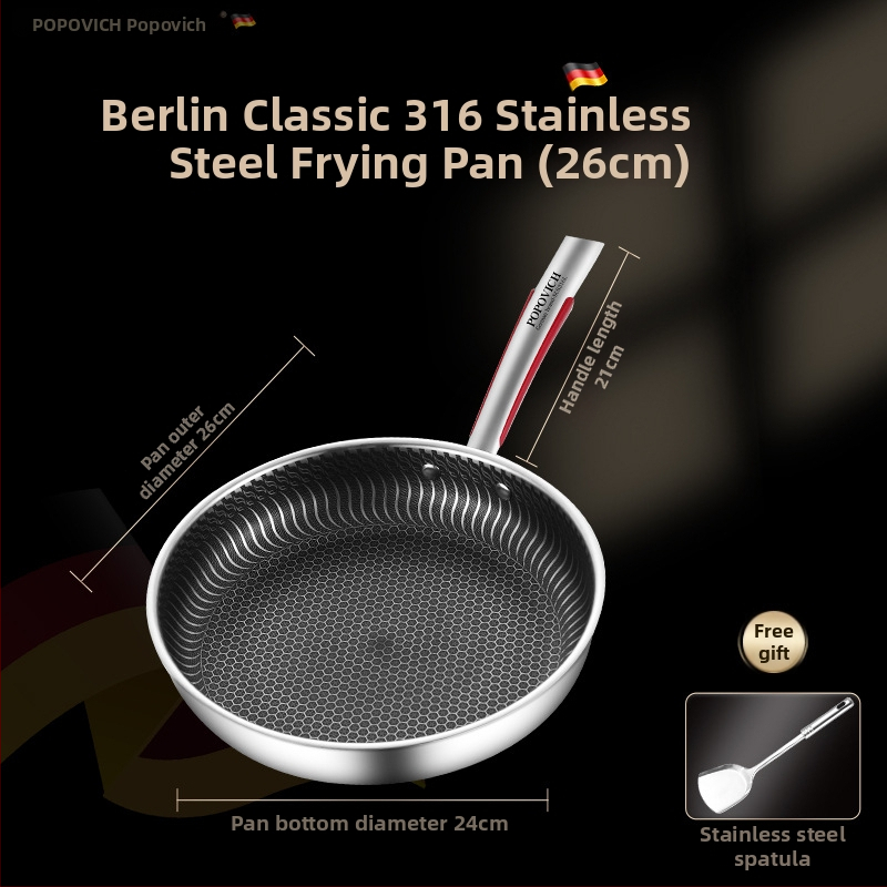 Be dangų 316L nerūdijančio plieno keptuvė su daugiapakopiu dugnu, suderinama su indukcinėmis ir dujinėmis viryklėmis, dangtelis iš nerūdijančio plieno su stiklu