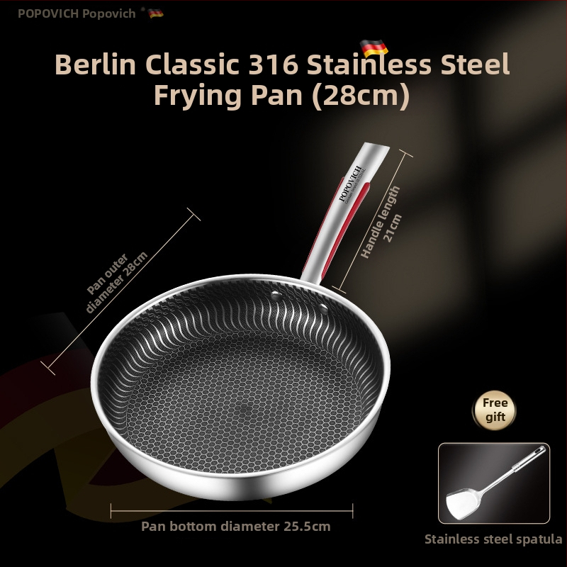 Be dangų 316L nerūdijančio plieno keptuvė su daugiapakopiu dugnu, suderinama su indukcinėmis ir dujinėmis viryklėmis, dangtelis iš nerūdijančio plieno su stiklu