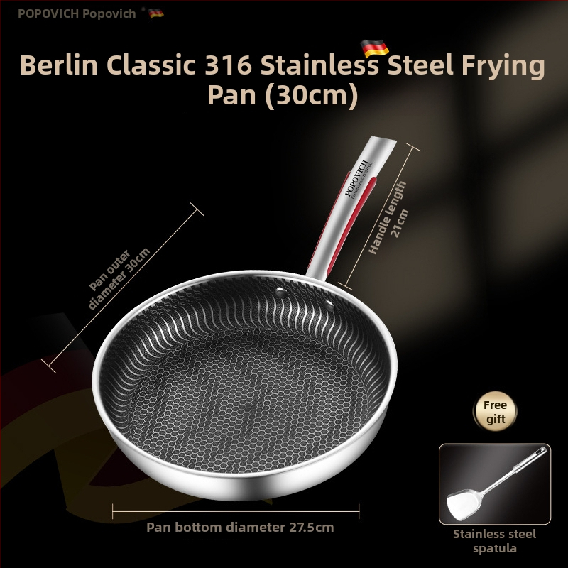 Be dangų 316L nerūdijančio plieno keptuvė su daugiapakopiu dugnu, suderinama su indukcinėmis ir dujinėmis viryklėmis, dangtelis iš nerūdijančio plieno su stiklu