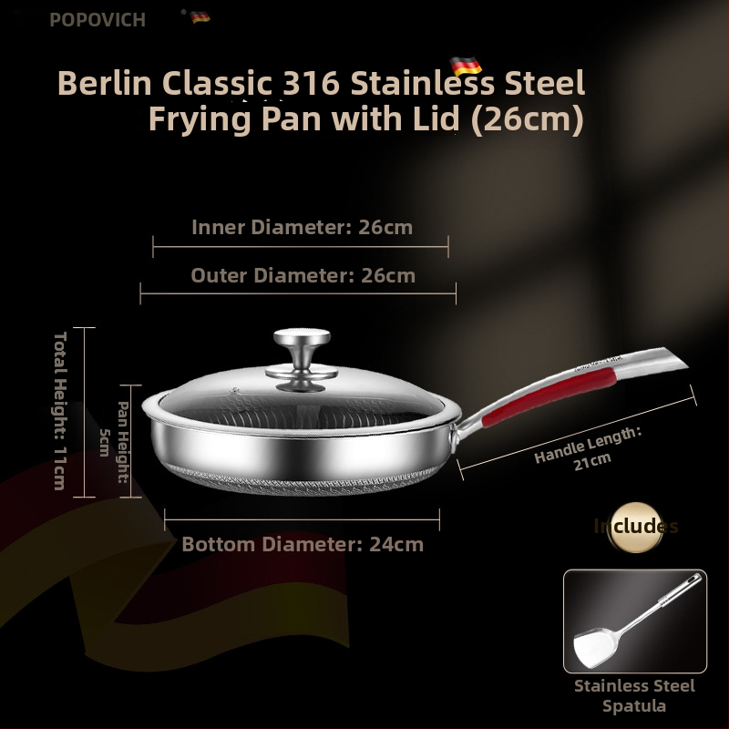 Be dangų 316L nerūdijančio plieno keptuvė su daugiapakopiu dugnu, suderinama su indukcinėmis ir dujinėmis viryklėmis, dangtelis iš nerūdijančio plieno su stiklu