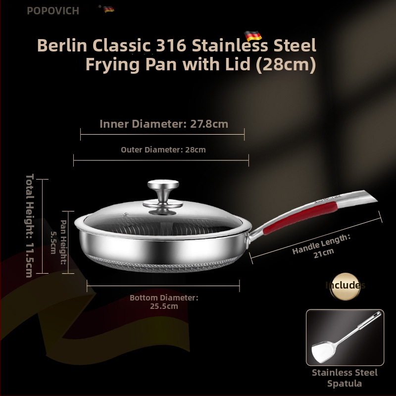 Be dangų 316L nerūdijančio plieno keptuvė su daugiapakopiu dugnu, suderinama su indukcinėmis ir dujinėmis viryklėmis, dangtelis iš nerūdijančio plieno su stiklu