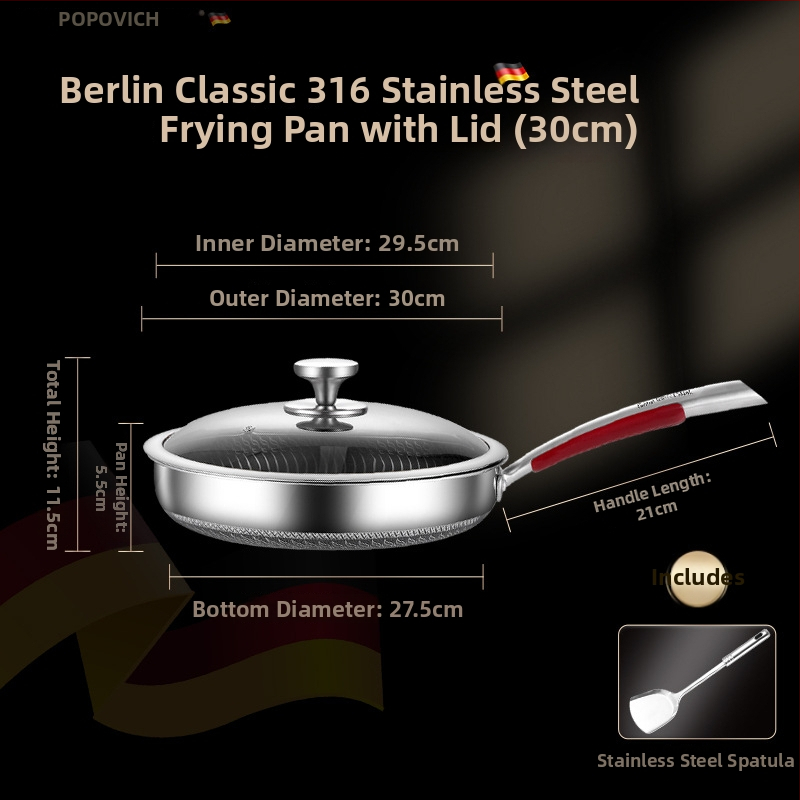 Be dangų 316L nerūdijančio plieno keptuvė su daugiapakopiu dugnu, suderinama su indukcinėmis ir dujinėmis viryklėmis, dangtelis iš nerūdijančio plieno su stiklu