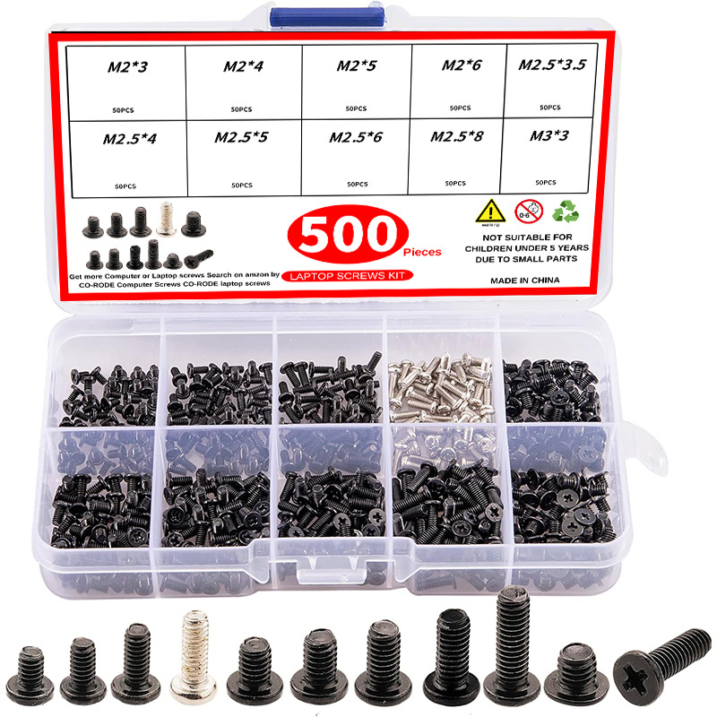 Nešiojamojo kompiuterių varžtų rinkinys, 500 vnt., Wei Yue, nikelio danga, paprastas anglies plienas, CM standartas