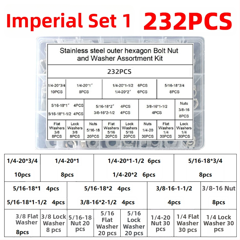 Lingding hardware išorinis šešiakampių sraigtų rinkinys, 304 nerūdijančio plieno, A2-70 klasė, nacionalinis standartas