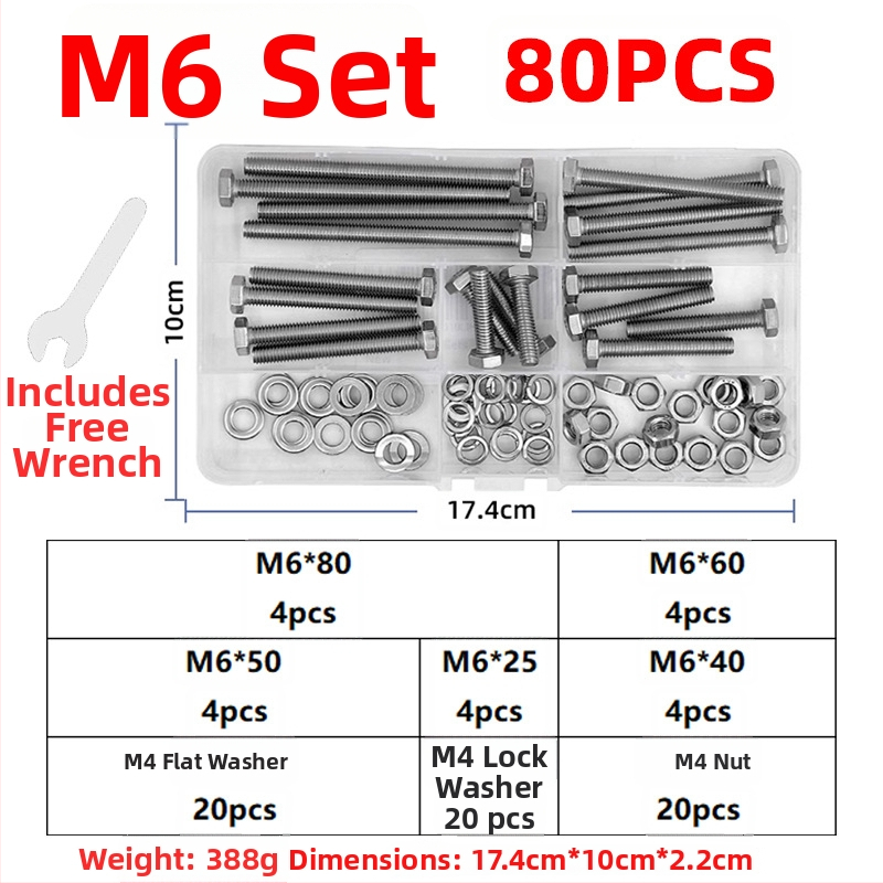 Lingding hardware išorinis šešiakampių sraigtų rinkinys, 304 nerūdijančio plieno, A2-70 klasė, nacionalinis standartas