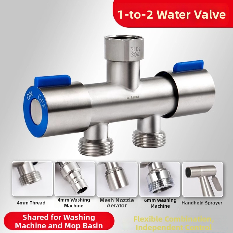 304 nerezová oceľ dvojriadiaci uhlový ventil, 1 vstup, 2 výstupy, trojcestný rozdeľovač vody so spínačom, nástenná montáž