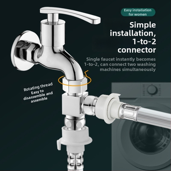 Pripojenie ku práčke trojcestný vodný ventil, rozdeľovač 1 na 2, zinková zliatina, chrómovaný povrch, hlavný a vedľajší priemer 4 body