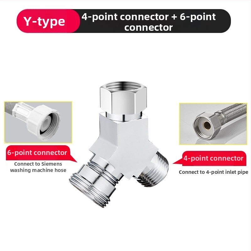 Pripojenie ku práčke trojcestný vodný ventil, rozdeľovač 1 na 2, zinková zliatina, chrómovaný povrch, hlavný a vedľajší priemer 4 body