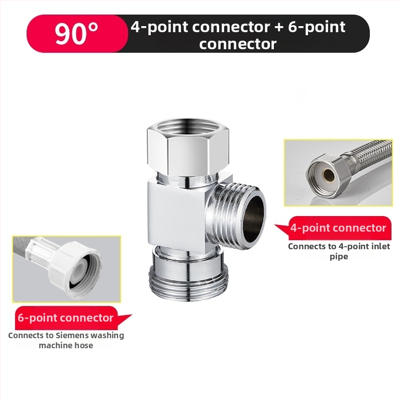 Pripojenie ku práčke trojcestný vodný ventil, rozdeľovač 1 na 2, zinková zliatina, chrómovaný povrch, hlavný a vedľajší priemer 4 body