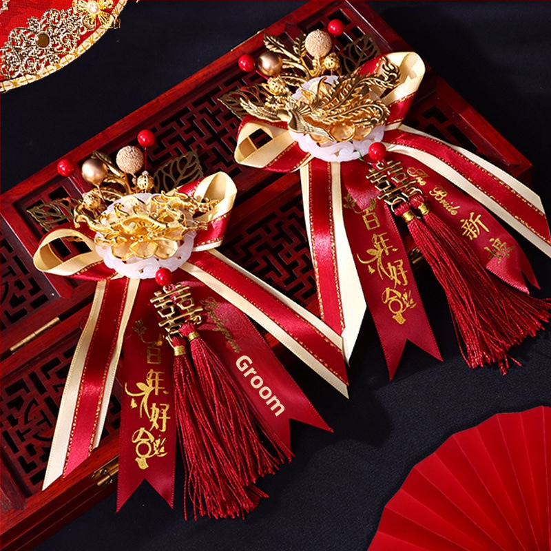 Kāzu korsādes ar pūķi un feniksu līgavai un līgavainim, ķīniešu stilā brošs un reverses poga, sakaļ ar mākslīgu jade