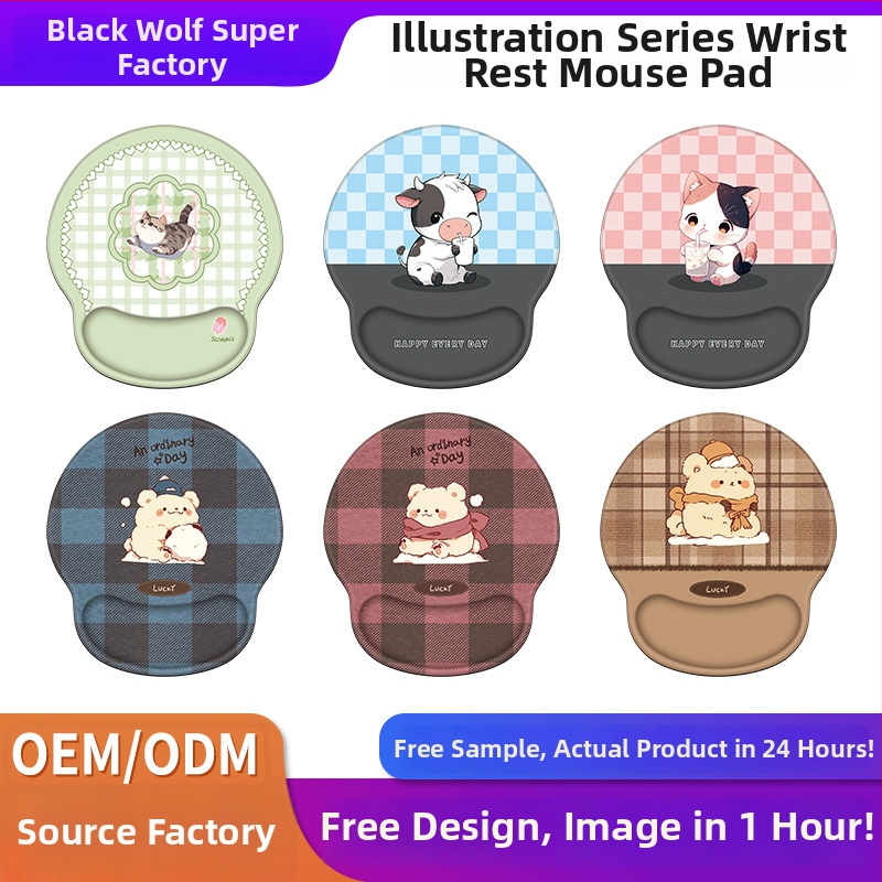 Vienpusė pelės kilimėlis su silikonine riešo atrama, anti-slip guminė pagrindė, vienpusiškas, karikatūrinis dizainas