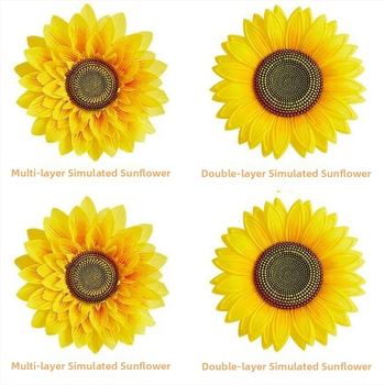 Rankoje laikomas saulėgrąžų šokių rekvizitas — šilkinė gėlė, saulėgrąžų veislė; vestuvėms, lauko renginiams, fotografijos rekvizitams, namų dekorui