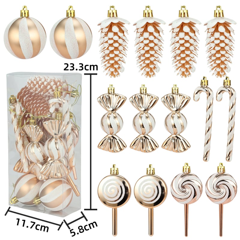 15-dijelni Božićni ukrasni set, svaki oko 6 cm, dizajn lizalice, uključuje kuglice, borove šiške i privjeske za drvce