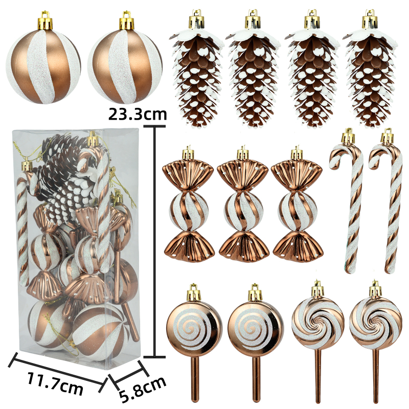 15-dijelni Božićni ukrasni set, svaki oko 6 cm, dizajn lizalice, uključuje kuglice, borove šiške i privjeske za drvce
