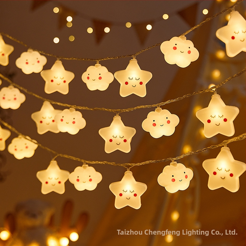 LED virvė su žvaigždėm, debesimis ir vaivorykštės formomis (IP43 apsauga; baterijų dėžutės maitinimas; 10–100 LED diodų; reguliuojamas šviesos intensyvumas; rankinis valdymas)