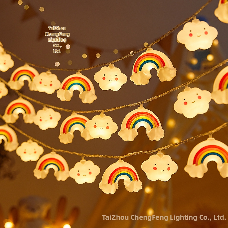 LED virvė su žvaigždėm, debesimis ir vaivorykštės formomis (IP43 apsauga; baterijų dėžutės maitinimas; 10–100 LED diodų; reguliuojamas šviesos intensyvumas; rankinis valdymas)