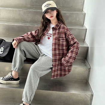 Dječji dvodijelni set košulje s karom za jesen – dugi rukav, pamuk, korejski stil, za uzrast 8+ (proljeće–jesen)