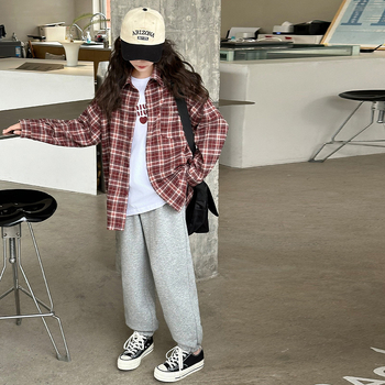 Dječji dvodijelni set košulje s karom za jesen – dugi rukav, pamuk, korejski stil, za uzrast 8+ (proljeće–jesen)