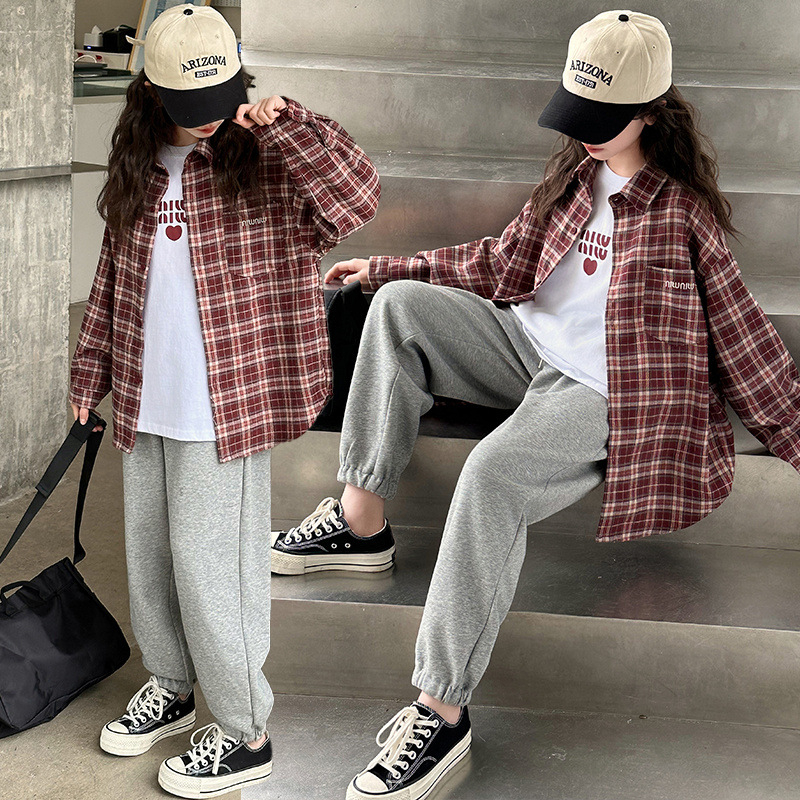 Dječji dvodijelni set košulje s karom za jesen – dugi rukav, pamuk, korejski stil, za uzrast 8+ (proljeće–jesen)