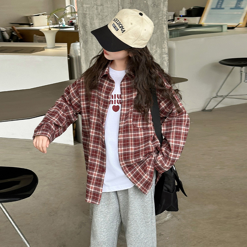 Dječji dvodijelni set košulje s karom za jesen – dugi rukav, pamuk, korejski stil, za uzrast 8+ (proljeće–jesen)