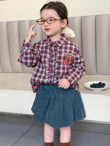 Bluza pentru copii, stil coreean, model în carouri, guler pătrat, mâneci lungi, 90% bumbac, potrivită pentru primăvară și toamnă, lansare toamnă 2025