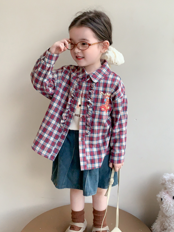 Bluza pentru copii, stil coreean, model în carouri, guler pătrat, mâneci lungi, 90% bumbac, potrivită pentru primăvară și toamnă, lansare toamnă 2025