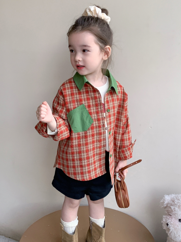 Bluza pentru copii, stil coreean, model în carouri, guler pătrat, mâneci lungi, 90% bumbac, potrivită pentru primăvară și toamnă, lansare toamnă 2025