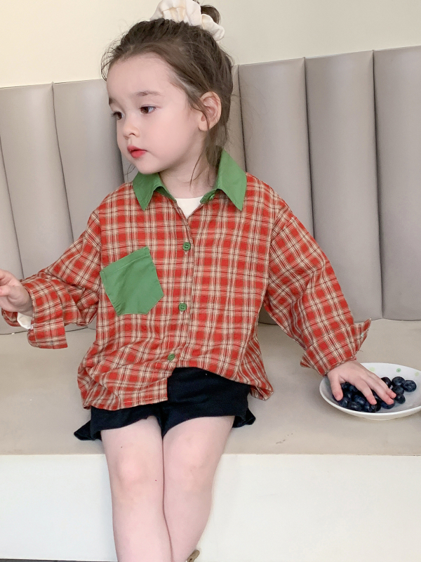 Bluza pentru copii, stil coreean, model în carouri, guler pătrat, mâneci lungi, 90% bumbac, potrivită pentru primăvară și toamnă, lansare toamnă 2025