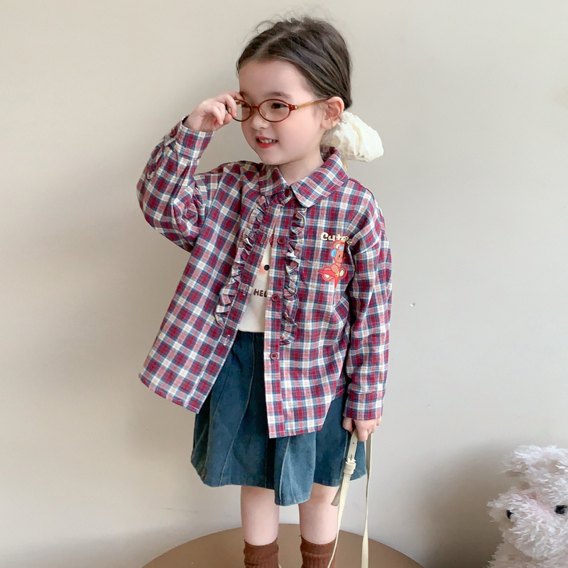 Bluza pentru copii, stil coreean, model în carouri, guler pătrat, mâneci lungi, 90% bumbac, potrivită pentru primăvară și toamnă, lansare toamnă 2025