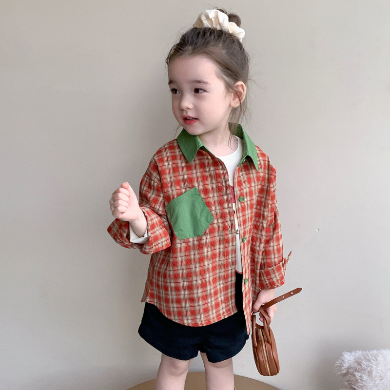 Bluza pentru copii, stil coreean, model în carouri, guler pătrat, mâneci lungi, 90% bumbac, potrivită pentru primăvară și toamnă, lansare toamnă 2025