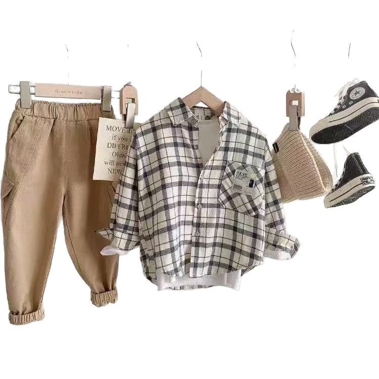 Dječja košulja, karirani uzorak, ovratnik s reverom (lapel), dugi rukavi, 50/50 pamuk-poliester mješavina, jesen, za djecu 3–8 godina