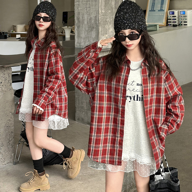 Xinrong dječja košulja za djevojčice – karirani uzorak, duge rukave, ovratnik s reverom, pamuk 70%, ležerni stil