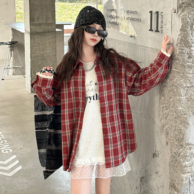 Xinrong dječja košulja za djevojčice – karirani uzorak, duge rukave, ovratnik s reverom, pamuk 70%, ležerni stil