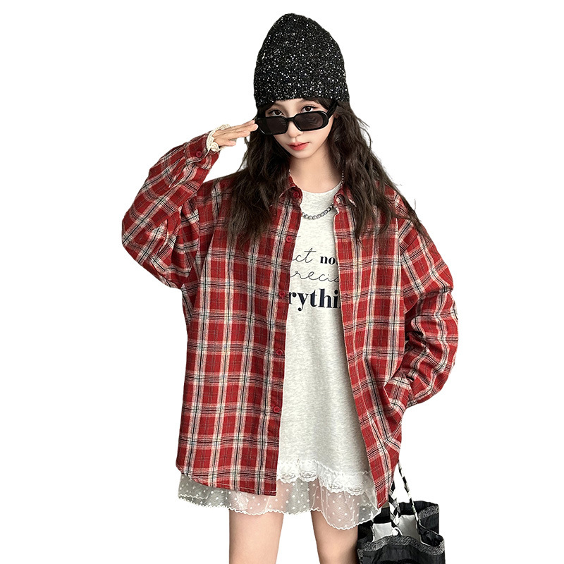 Xinrong dječja košulja za djevojčice – karirani uzorak, duge rukave, ovratnik s reverom, pamuk 70%, ležerni stil