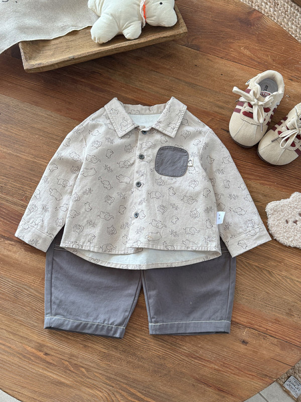 Dječja košulja za dječake s karikaturnim uzorkom, dugi rukavi, ovratnik Lapel, 100% pamuk, jesen