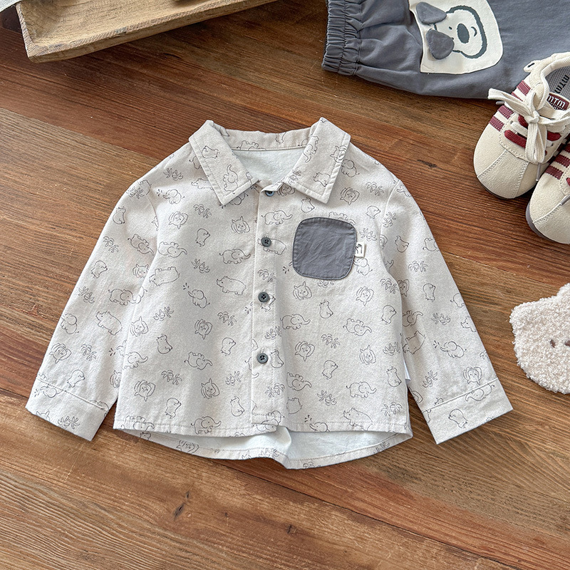 Dječja košulja za dječake s karikaturnim uzorkom, dugi rukavi, ovratnik Lapel, 100% pamuk, jesen