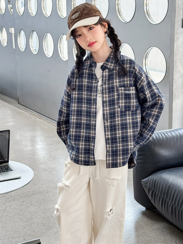 Dječja košulja, korejskog stila, karirani uzorak mreže, dugi rukav, 60% pamuka