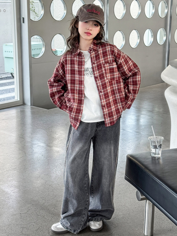 Dječja košulja, korejskog stila, karirani uzorak mreže, dugi rukav, 60% pamuka